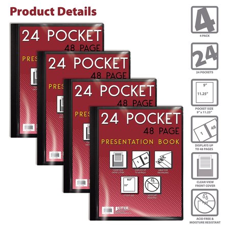 Better Office Products Presentation Book W/Clear Frt Pocket, 24 Pockets, Black, 85in x 11in Clear pkts, Art Portfolio, 4PK 32027